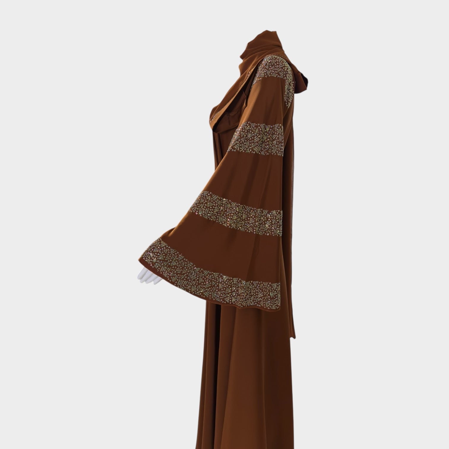 Luxus - Karamell Abaya mit gestreiften Perlenärmeln - Abaya Couture