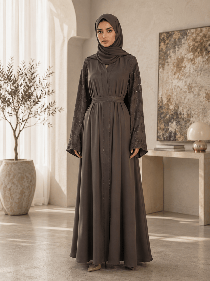 Luxus - Khaki Abaya mit funkelnden Ärmeln - Abaya Couture