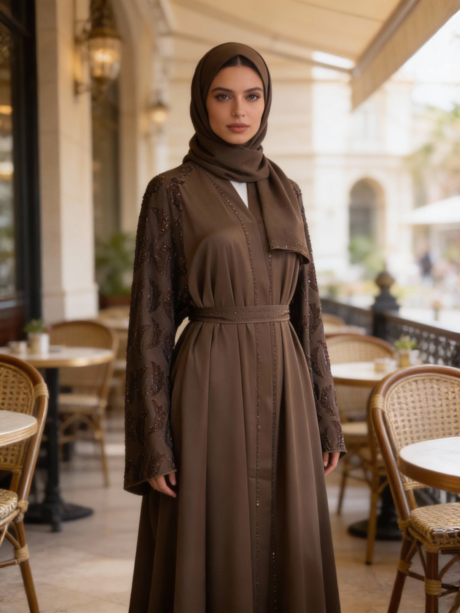 Luxus - Khaki Abaya mit funkelnden Ärmeln - Abaya Couture