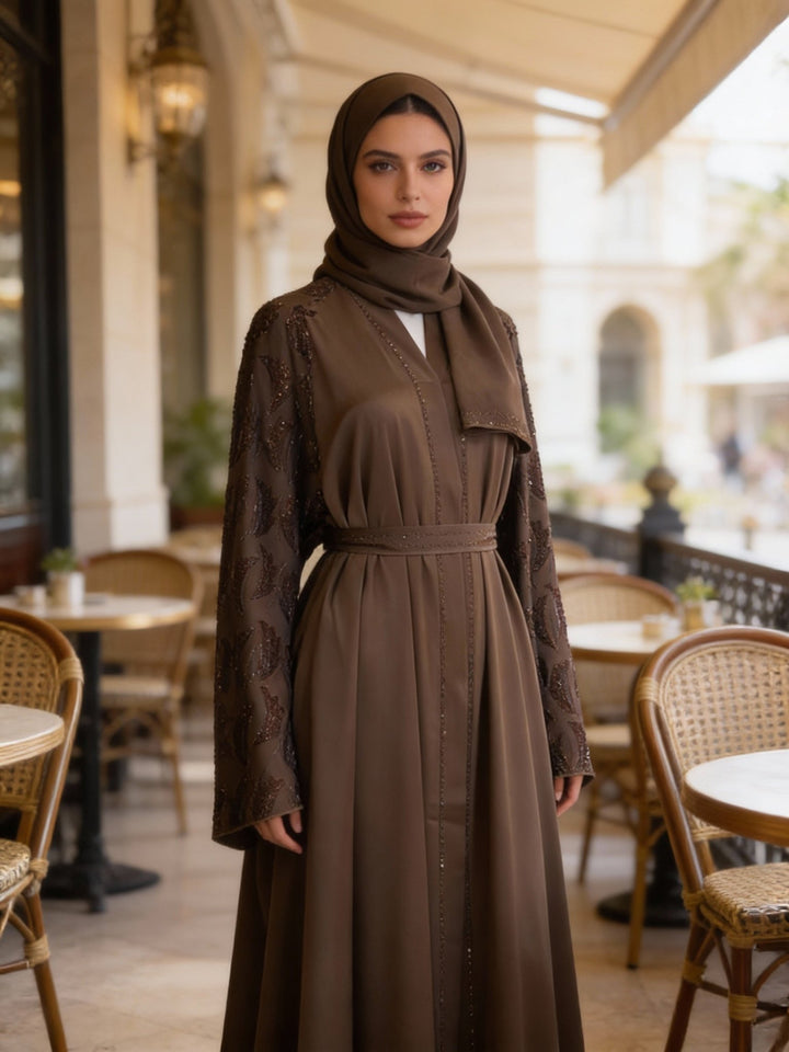 Luxus - Khaki Abaya mit funkelnden Ärmeln - Abaya Couture