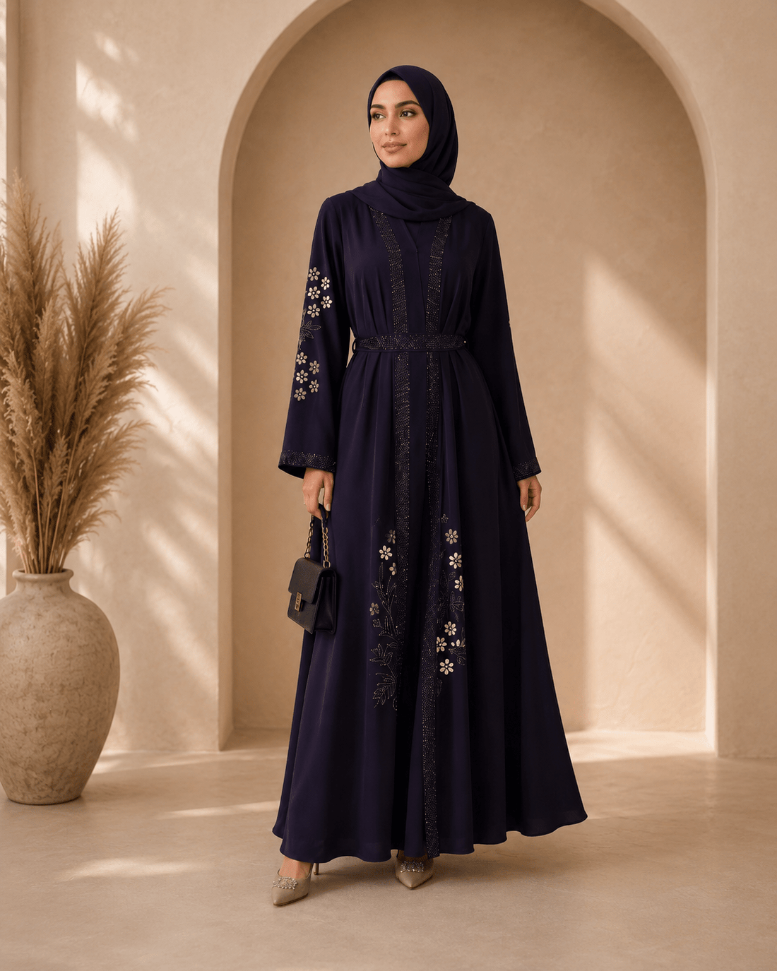 Luxus-Violett Abaya mit goldenen Blumenapplikationen - Abaya Couture