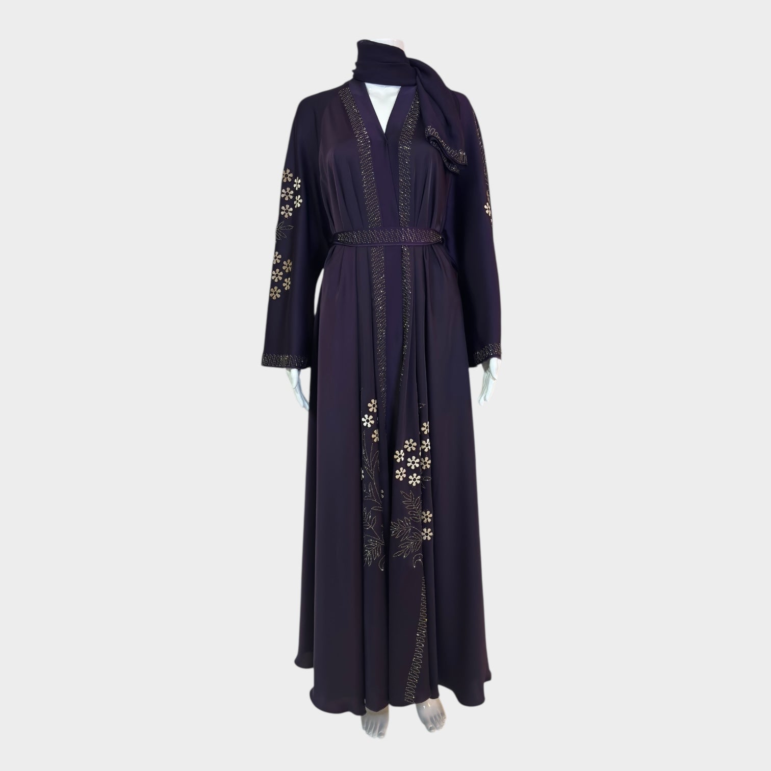 Luxus - Violett Abaya mit goldenen Blumenapplikationen - Abaya Couture
