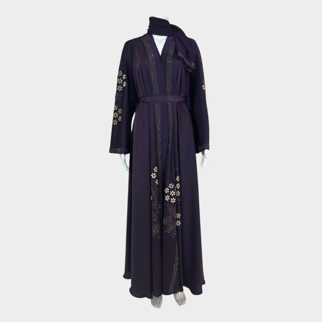 Luxus - Violett Abaya mit goldenen Blumenapplikationen - Abaya Couture