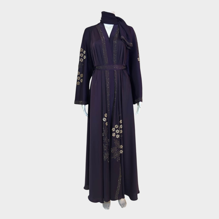 Luxus - Violett Abaya mit goldenen Blumenapplikationen - Abaya Couture