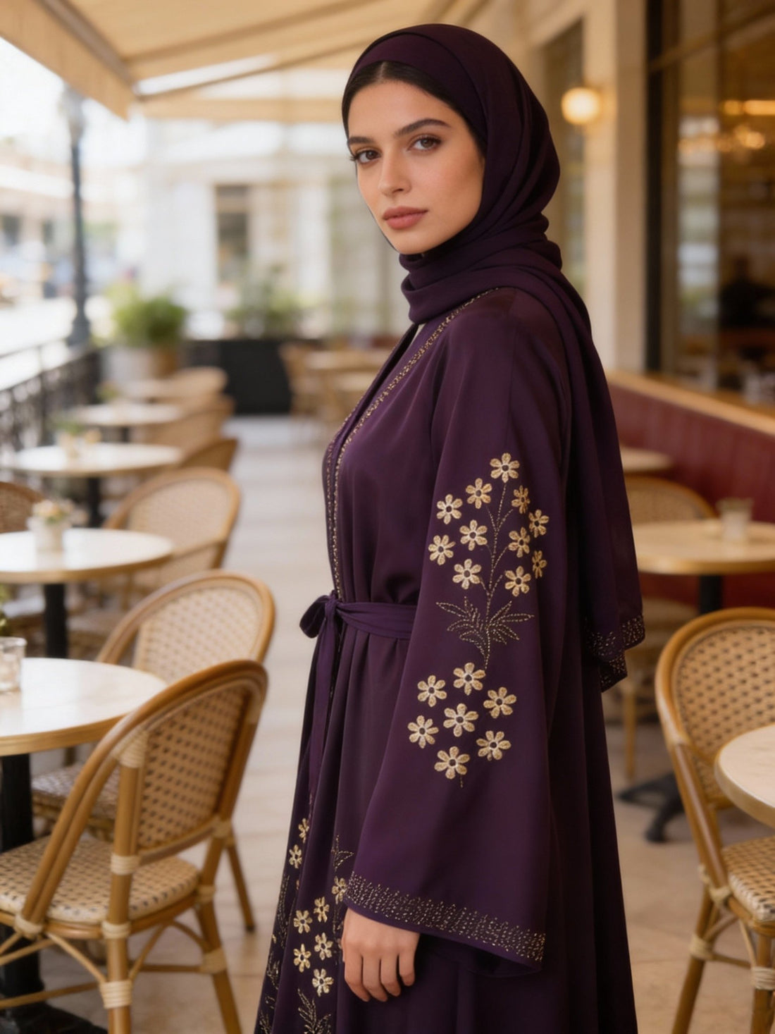 Luxus - Violett Abaya mit goldenen Blumenapplikationen - Abaya Couture