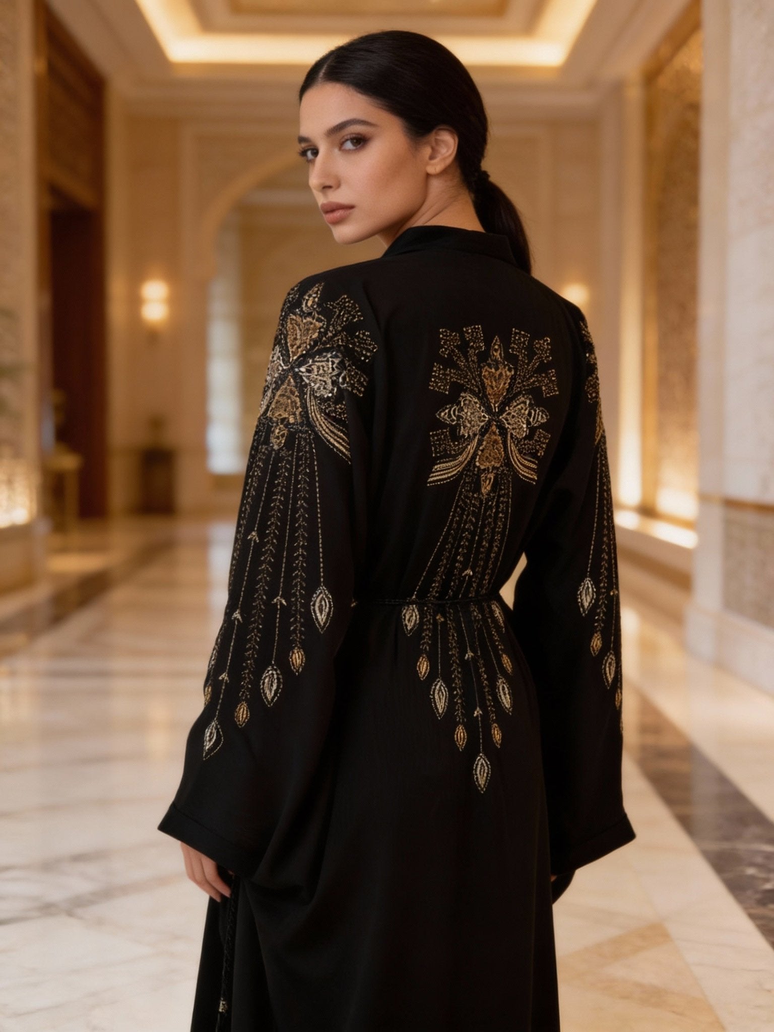 Opulente schwarze Abaya mit kunstvoller Goldstickerei - Abaya Couture