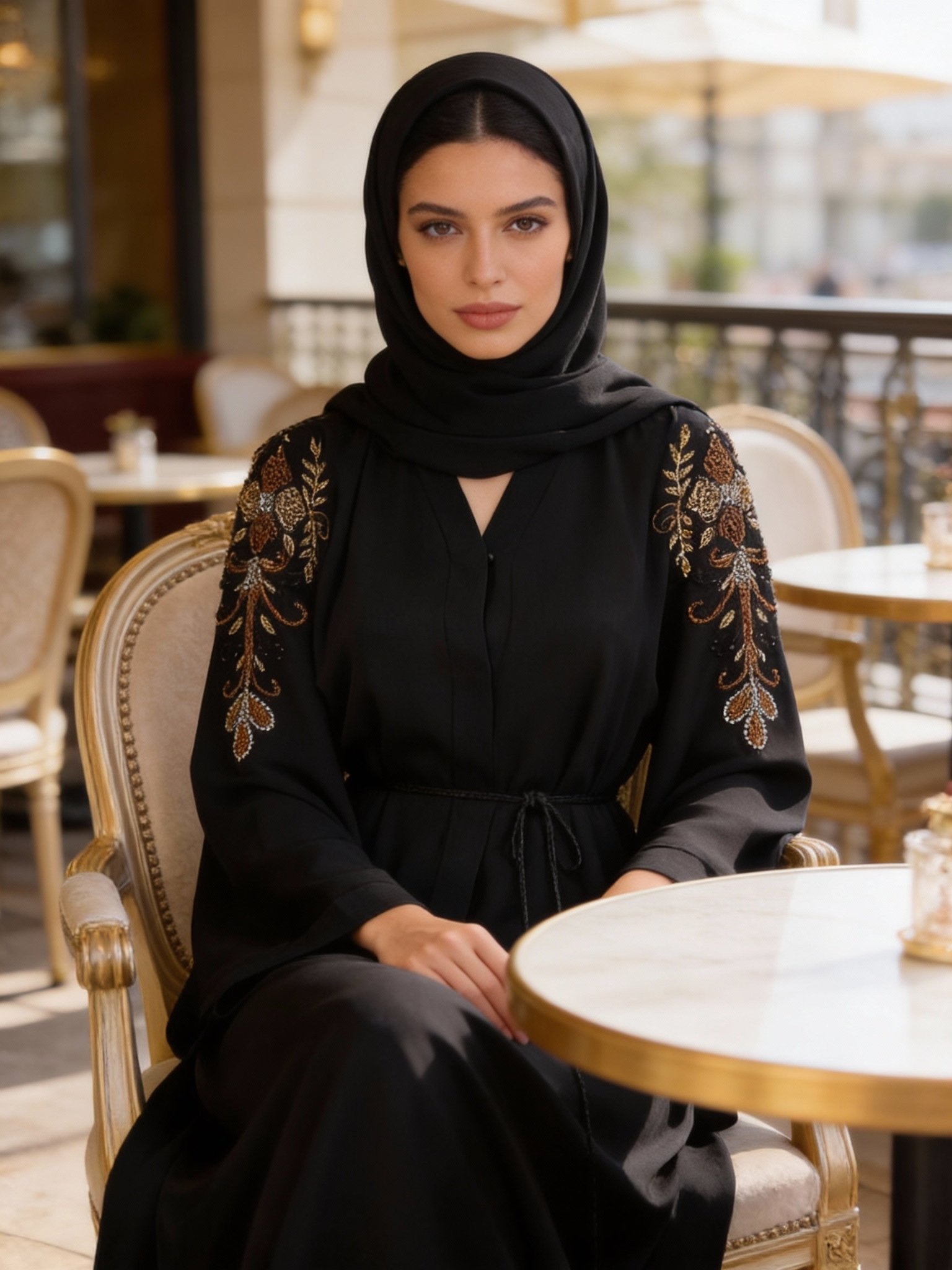 Schwarze Abaya mit aufwändiger Perlen - und Metallstickerei - Abaya Couture