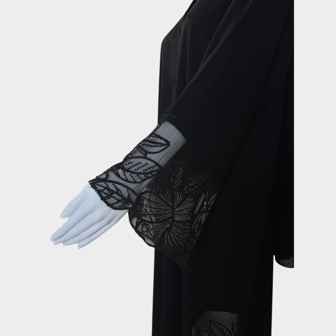 Schwarze Abaya mit floraler Spitzenapplikation - Abaya Couture
