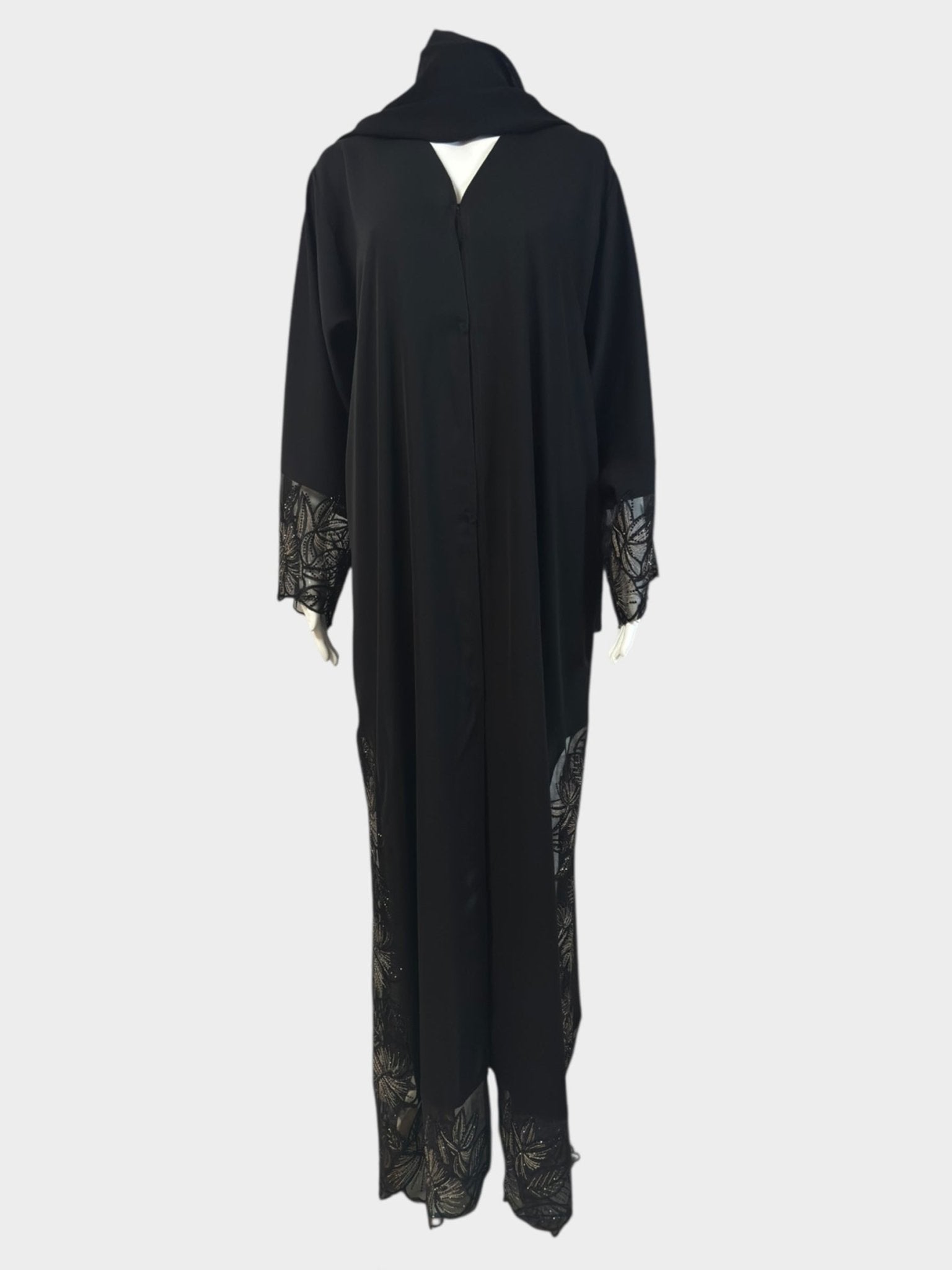 Schwarze Abaya mit floraler Spitzenapplikation - Abaya Couture