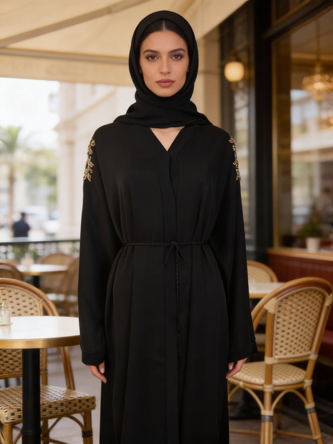 Schwarze Abaya mit goldener Blumenstickerei - Abaya Couture