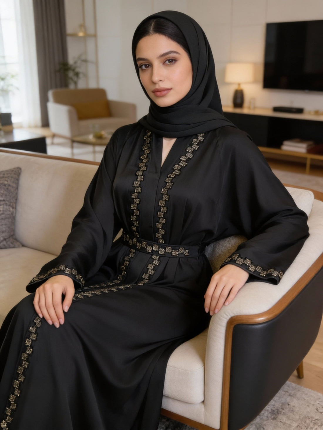 Stilvolle Abaya in Anthrazit mit eleganter Borte - Abaya Couture