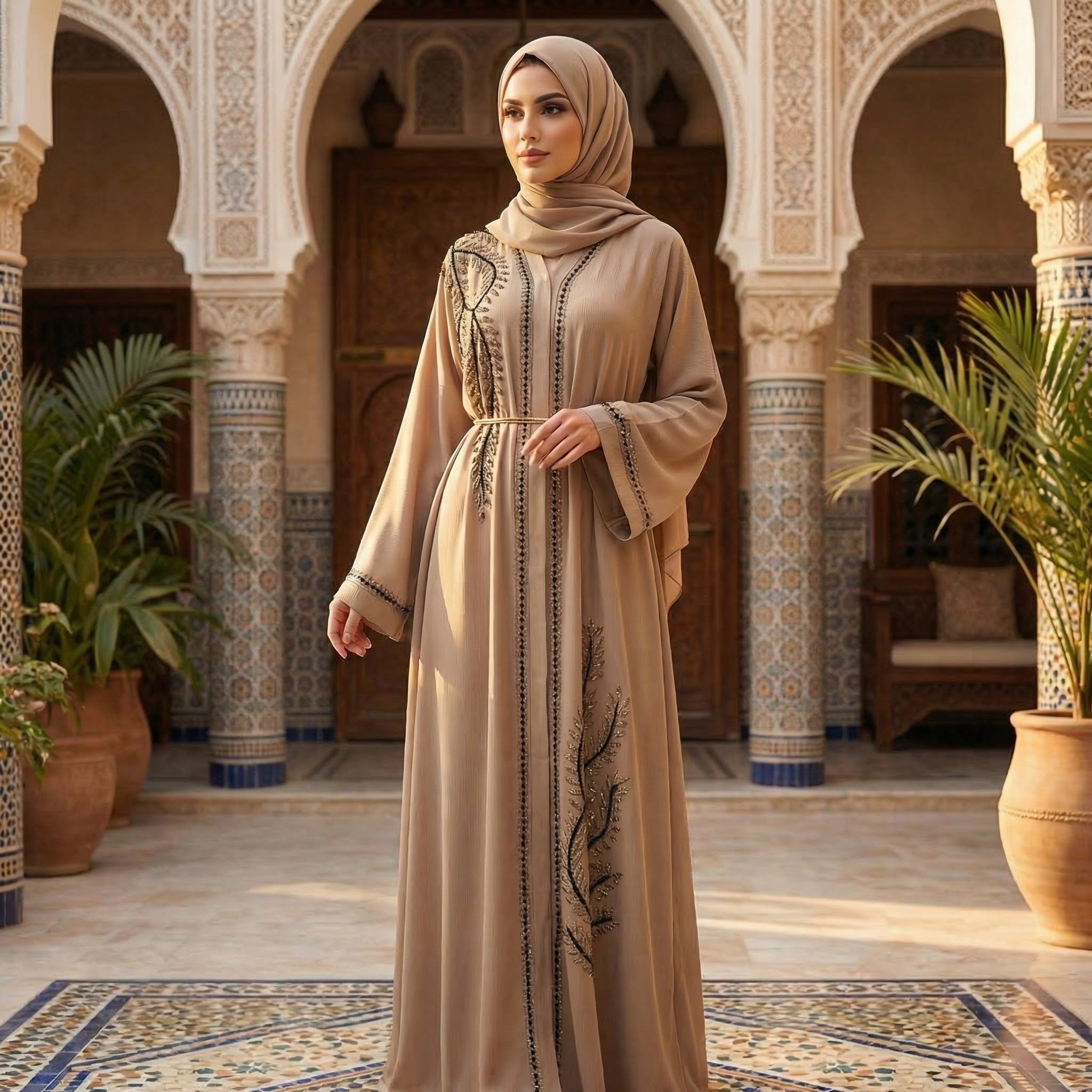 Stilvolle Abaya in Sandbeige mit kunstvoller Stickerei - Abaya Couture