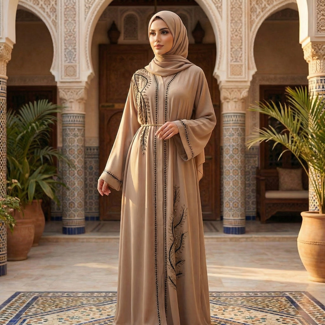Stilvolle Abaya in Sandbeige mit kunstvoller Stickerei - Abaya Couture