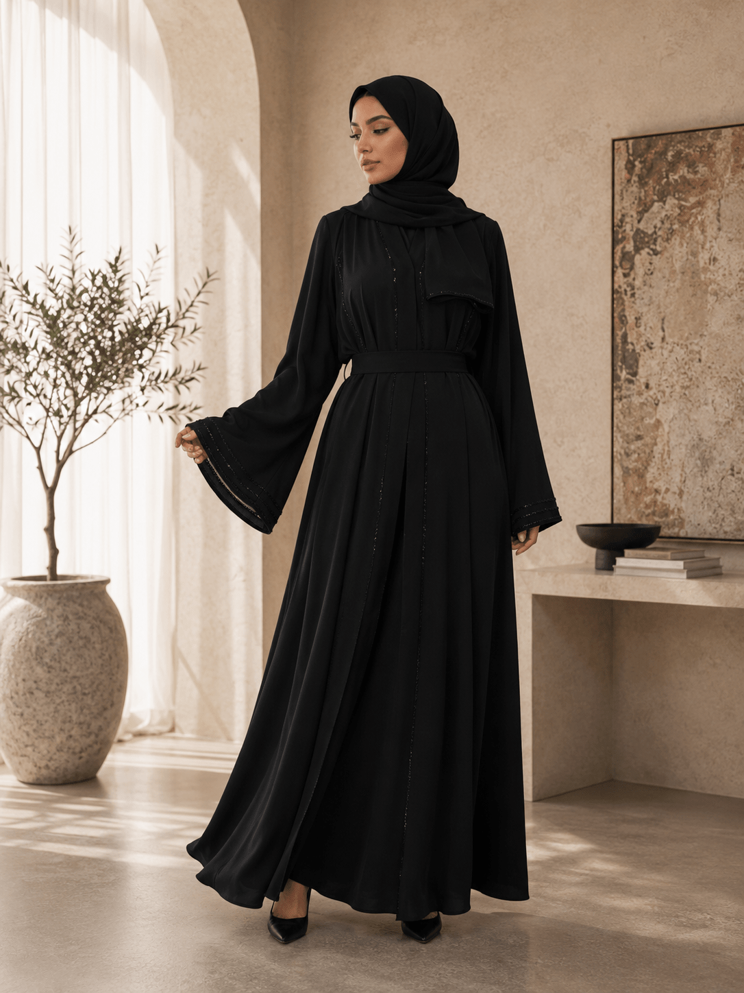 Stilvolle Abaya in Schwarz mit funkelnden Details - Abaya Couture