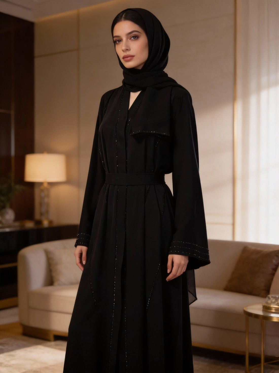 Stilvolle Abaya in Schwarz mit funkelnden Details - Abaya Couture