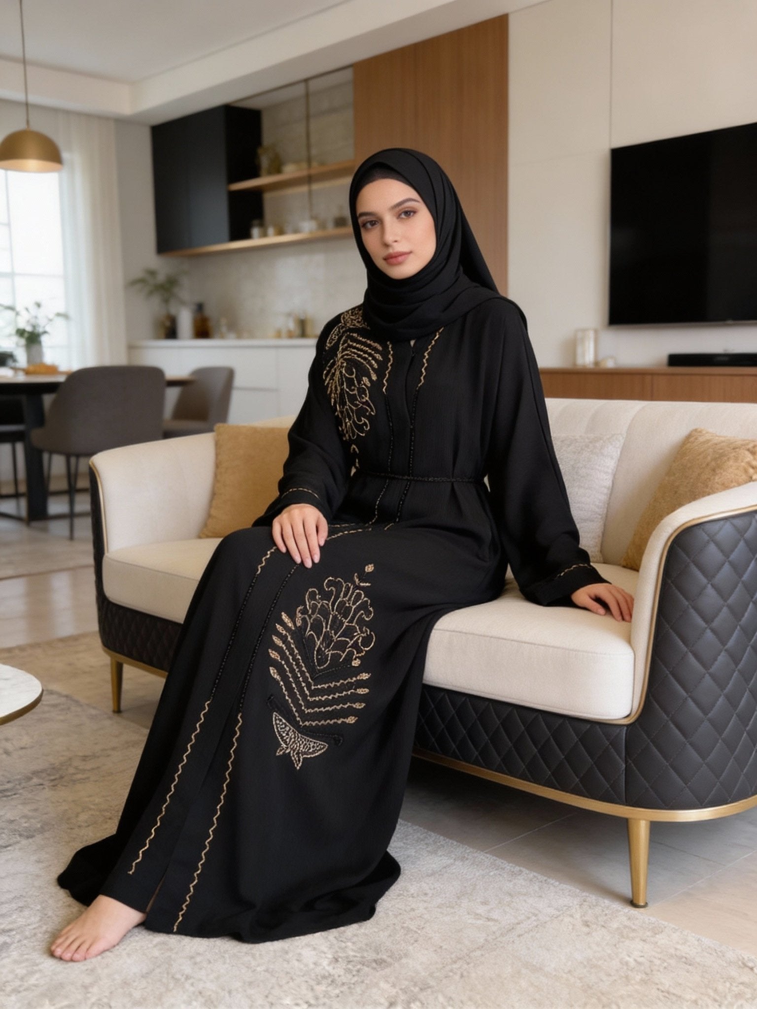 Stilvolle schwarze Abaya mit eleganter Goldstickerei - Abaya Couture