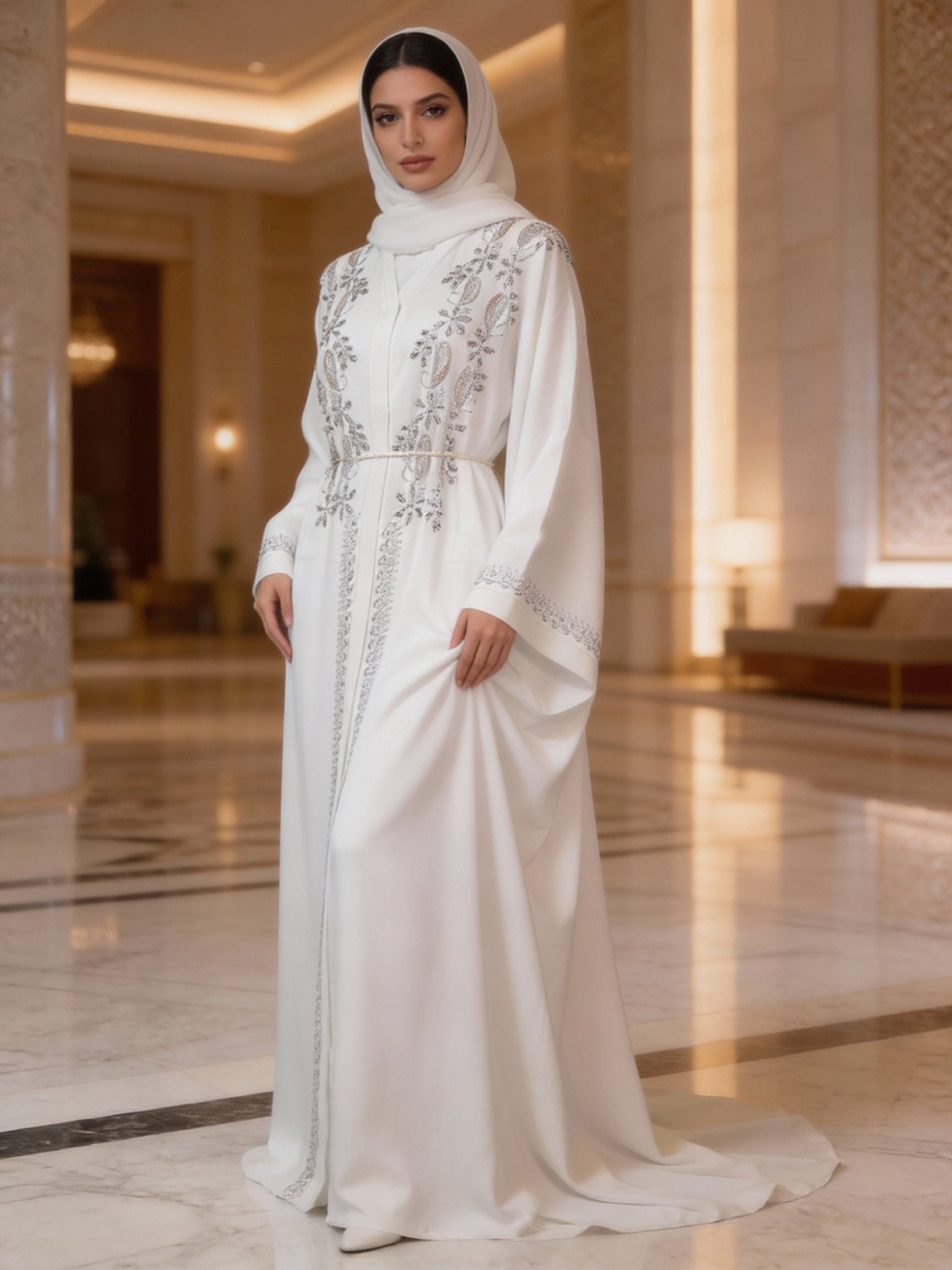 Strahlende Eleganz: Bestickte Abaya in Weiß - Abaya Couture